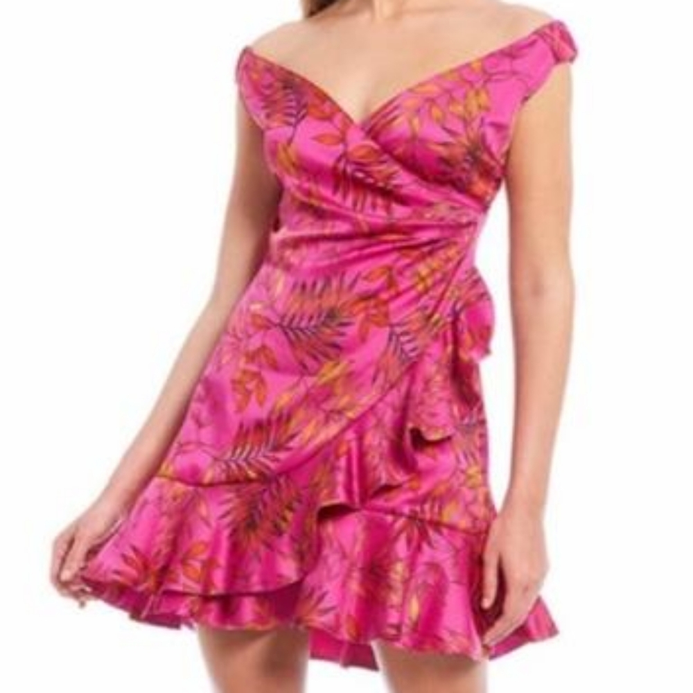 🤑SOLD🤑Sachin & Babi Abigail Off-The-Shoulder Leaf Print Satin Twill Wrap Dress - Picture 13 of 13
